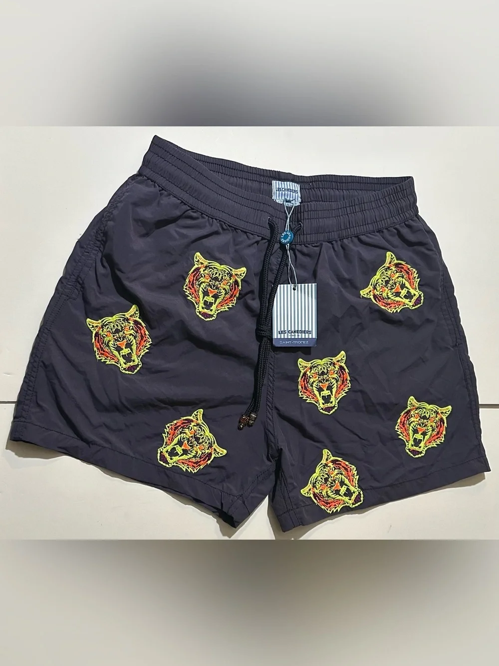 NEW, LES CANEDIERS SAINT TROPEZ Embroidered Blue Tiger Swim Shorts Mens Swimwear